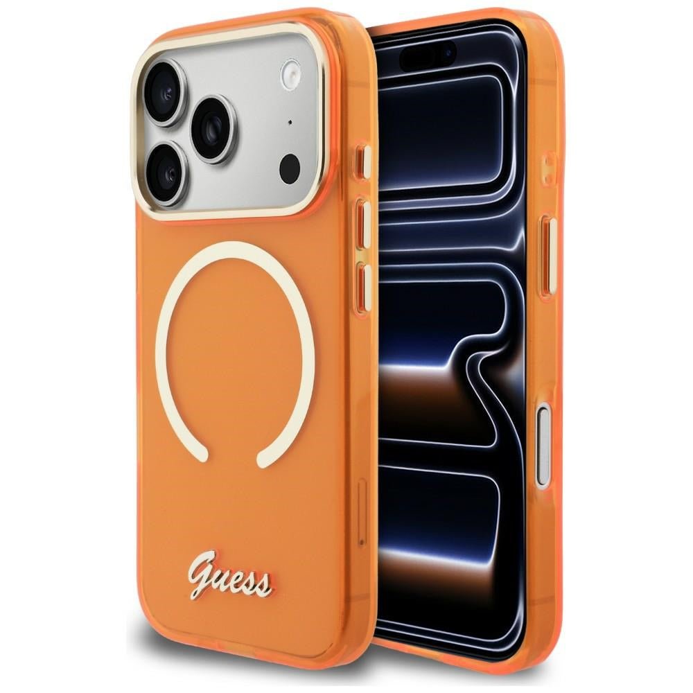 Guess iPhone 17 Pro - Σκληρή Θήκη με Πλαίσιο Σιλικόνης και MagSafe - IML Script Metal MagSafe - Orange