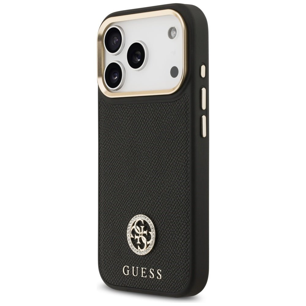 Guess iPhone 17 Pro - Σκληρή Θήκη με Πλαίσιο Σιλικόνης και Συνθετικό Δέρμα - Grained Strass Logo MagSafe - Black