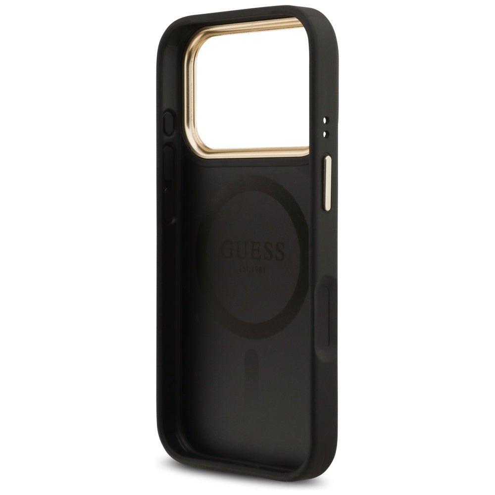 Guess iPhone 17 Pro - Σκληρή Θήκη με Πλαίσιο Σιλικόνης και Συνθετικό Δέρμα - Grained Strass Logo MagSafe - Black