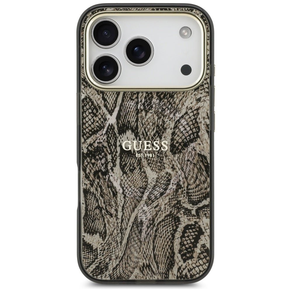 Guess iPhone 17 Pro - Σκληρή Θήκη με Πλαίσιο Σιλικόνης - Python Pattern MagSafe - Brown