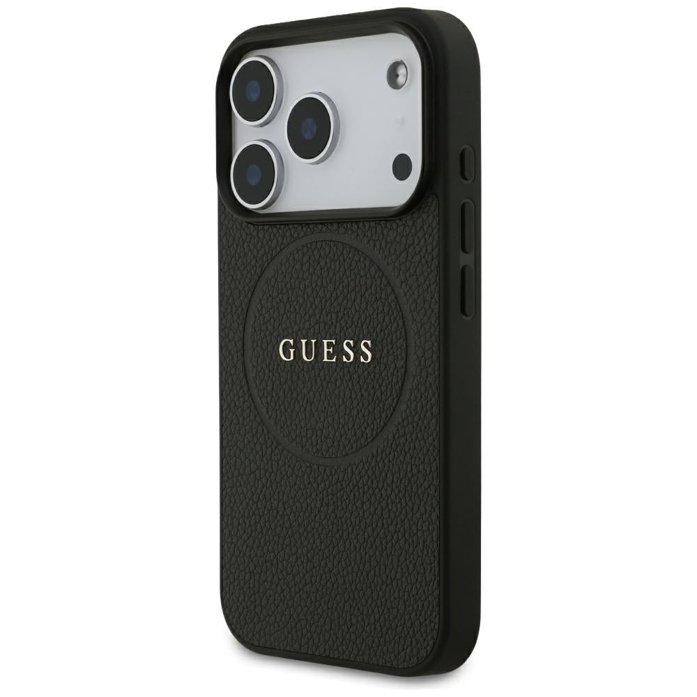 Guess iPhone 18 Pro / iPhone 17 Pro - Σκληρή Θήκη από Οικολογικό Δέρμα MagSafe - Grained Gold Ring - Black