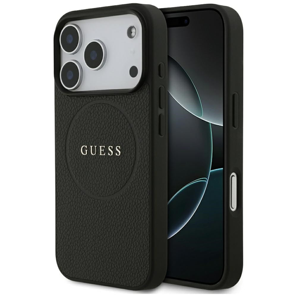 Guess iPhone 18 Pro / iPhone 17 Pro - Σκληρή Θήκη από Οικολογικό Δέρμα MagSafe - Grained Gold Ring - Black