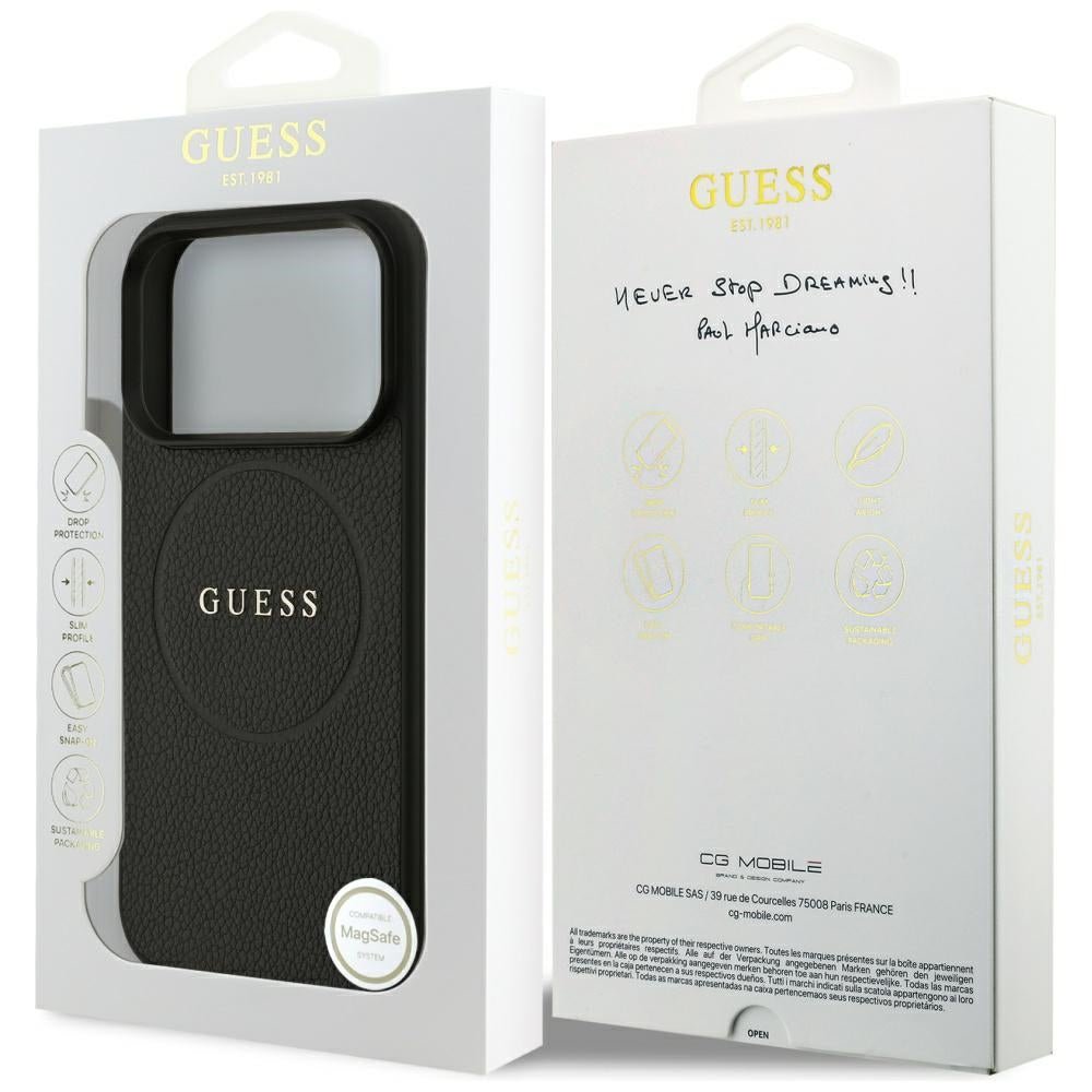 Guess iPhone 18 Pro / iPhone 17 Pro - Σκληρή Θήκη από Οικολογικό Δέρμα MagSafe - Grained Gold Ring - Black