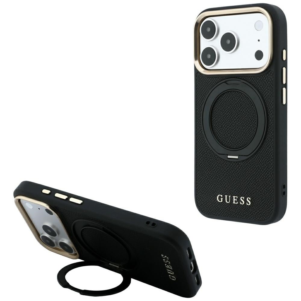 Guess iPhone 18 Pro / iPhone 17 Pro - Σκληρή Θήκη MagSafe με Επένδυση Συνθετικού Δέρματος - Ring Stand 360 Grained Classic Logo - Black