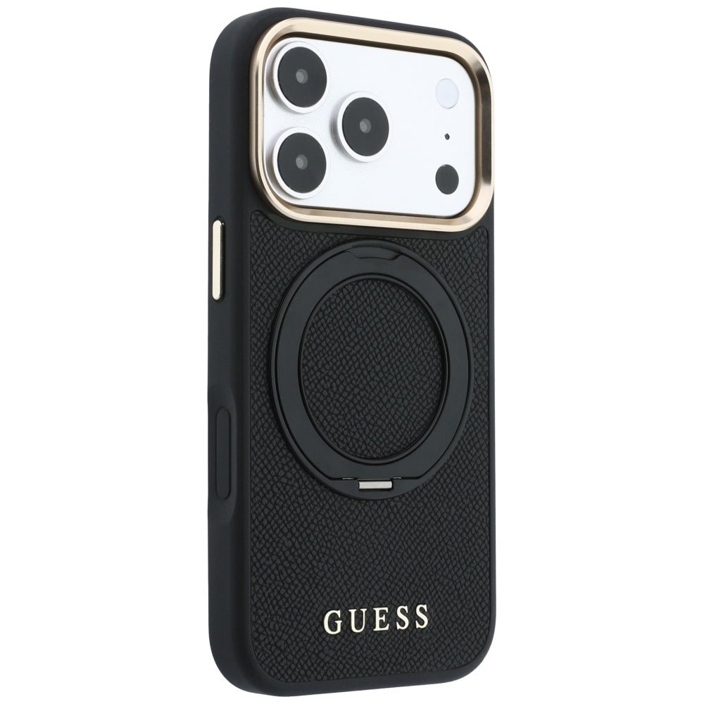 Guess iPhone 18 Pro / iPhone 17 Pro - Σκληρή Θήκη MagSafe με Επένδυση Συνθετικού Δέρματος - Ring Stand 360 Grained Classic Logo - Black