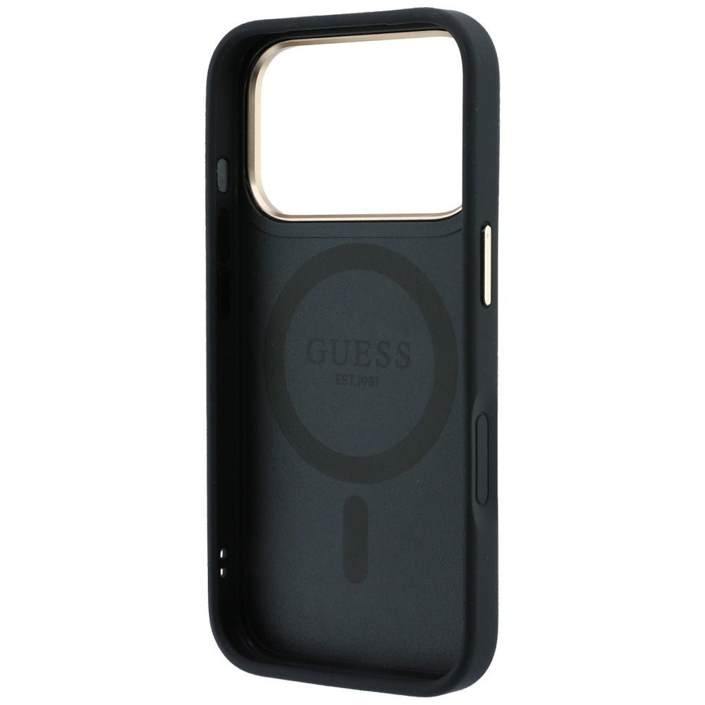 Guess iPhone 18 Pro / iPhone 17 Pro - Σκληρή Θήκη MagSafe με Επένδυση Συνθετικού Δέρματος - Ring Stand 360 Grained Classic Logo - Black
