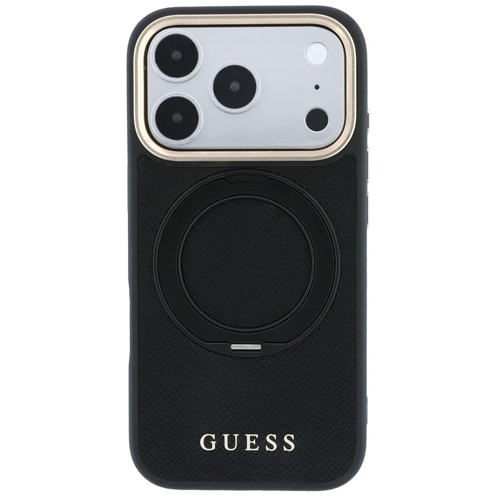 Guess iPhone 18 Pro / iPhone 17 Pro - Σκληρή Θήκη MagSafe με Επένδυση Συνθετικού Δέρματος - Ring Stand 360 Grained Classic Logo - Black