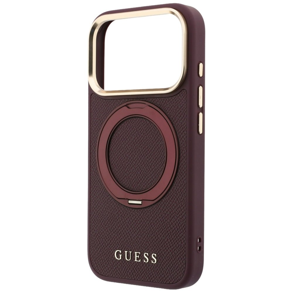 Guess iPhone 18 Pro / iPhone 17 Pro - Σκληρή Θήκη MagSafe με Επένδυση Συνθετικού Δέρματος - Ring Stand 360 Grained Classic Logo - Burgundy