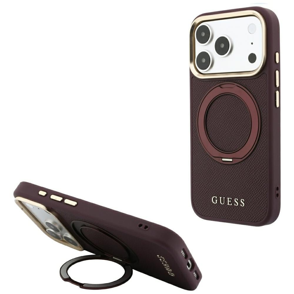 Guess iPhone 18 Pro / iPhone 17 Pro - Σκληρή Θήκη MagSafe με Επένδυση Συνθετικού Δέρματος - Ring Stand 360 Grained Classic Logo - Burgundy