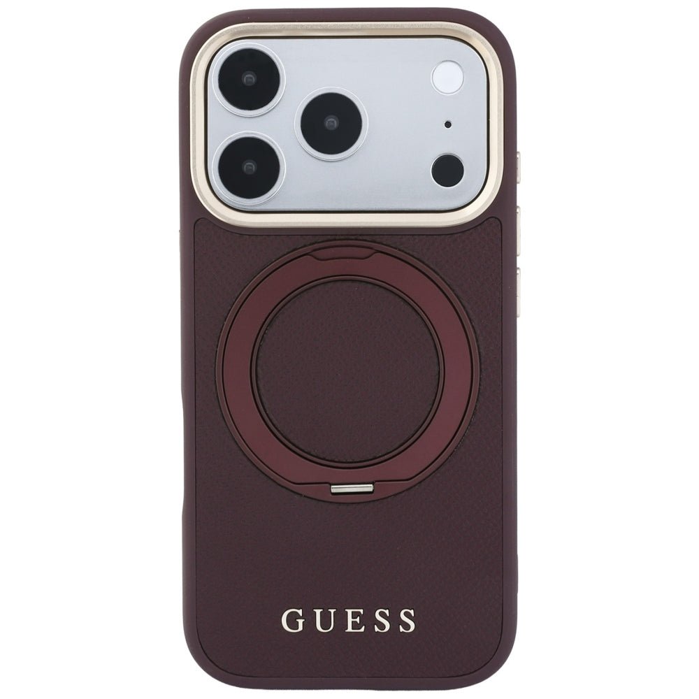 Guess iPhone 18 Pro / iPhone 17 Pro - Σκληρή Θήκη MagSafe με Επένδυση Συνθετικού Δέρματος - Ring Stand 360 Grained Classic Logo - Burgundy