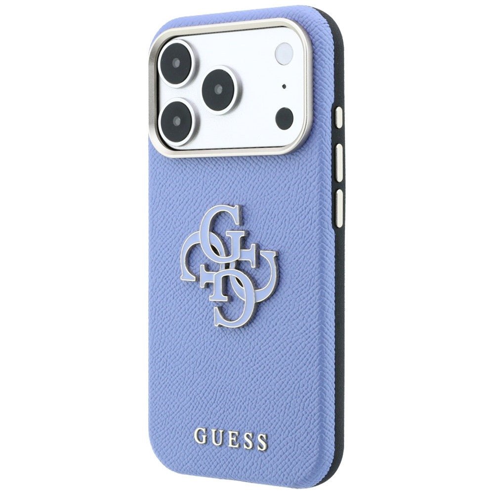 Guess iPhone 18 Pro / iPhone 17 Pro - Σκληρή Θήκη με Επένδυση από Οικολογικό Δέρμα - Grained and Big Resin Logo - Blue