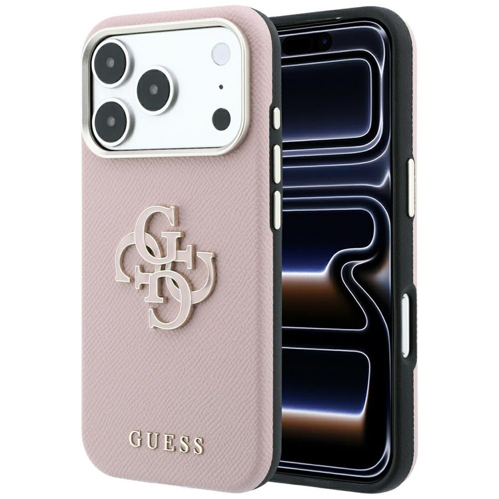 Guess iPhone 18 Pro / iPhone 17 Pro - Σκληρή Θήκη με Επένδυση από Οικολογικό Δέρμα - Grained and Big Resin Logo - Pink
