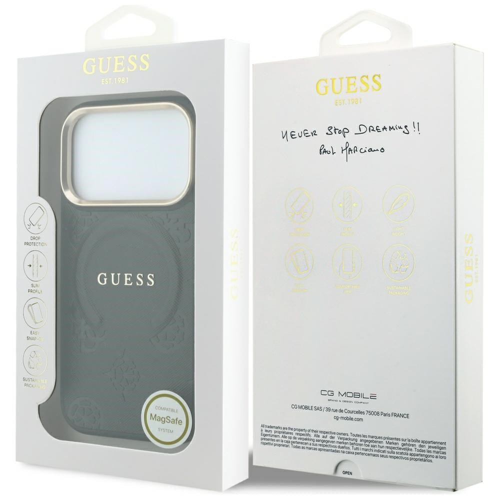 Guess iPhone 18 Pro / iPhone 17 Pro - Σκληρή Θήκη με Επένδυση Συνθετικού Δέρματος MagSafe - Saffiano Peony and Ring - Black