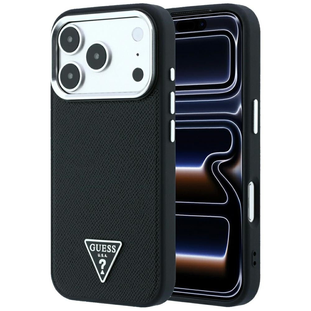 Guess iPhone 18 Pro / iPhone 17 Pro - Σκληρή Θήκη με Πλαίσιο Σιλικόνης και Συνθετικό Δέρμα MagSafe - Grained Triangle Logo - Black