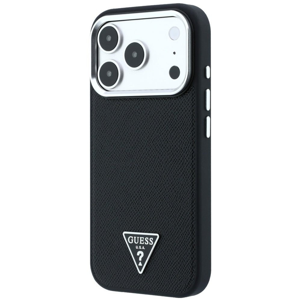 Guess iPhone 18 Pro / iPhone 17 Pro - Σκληρή Θήκη με Πλαίσιο Σιλικόνης και Συνθετικό Δέρμα MagSafe - Grained Triangle Logo - Black