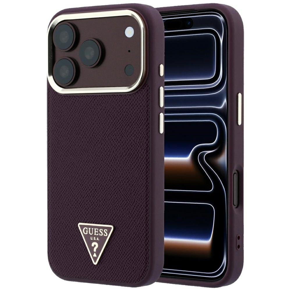 Guess iPhone 18 Pro / iPhone 17 Pro - Σκληρή Θήκη με Πλαίσιο Σιλικόνης και Συνθετικό Δέρμα MagSafe - Grained Triangle Logo - Burgundy