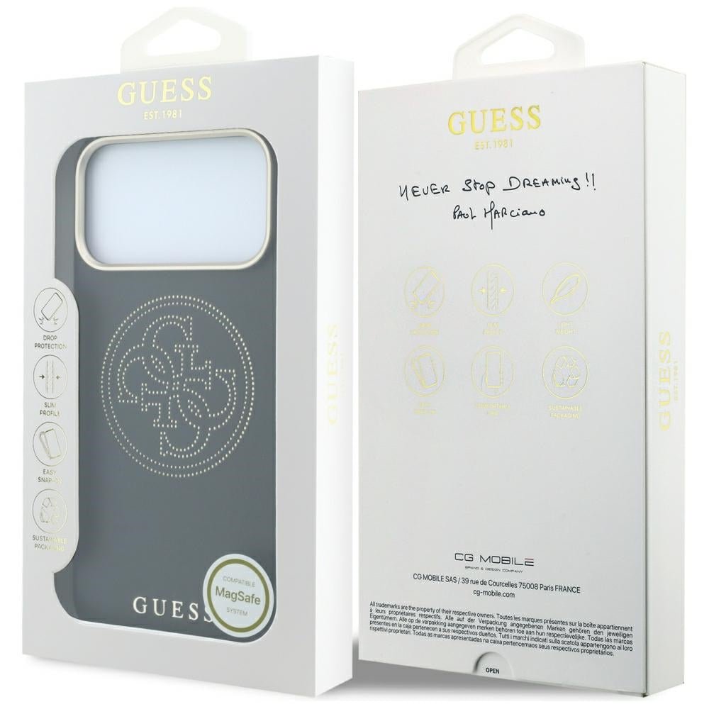 Guess iPhone 18 Pro / iPhone 17 Pro - Θήκη με Επένδυση Συνθετικού Δέρματος MagSafe - Perforated 4G Gold Logo - Black