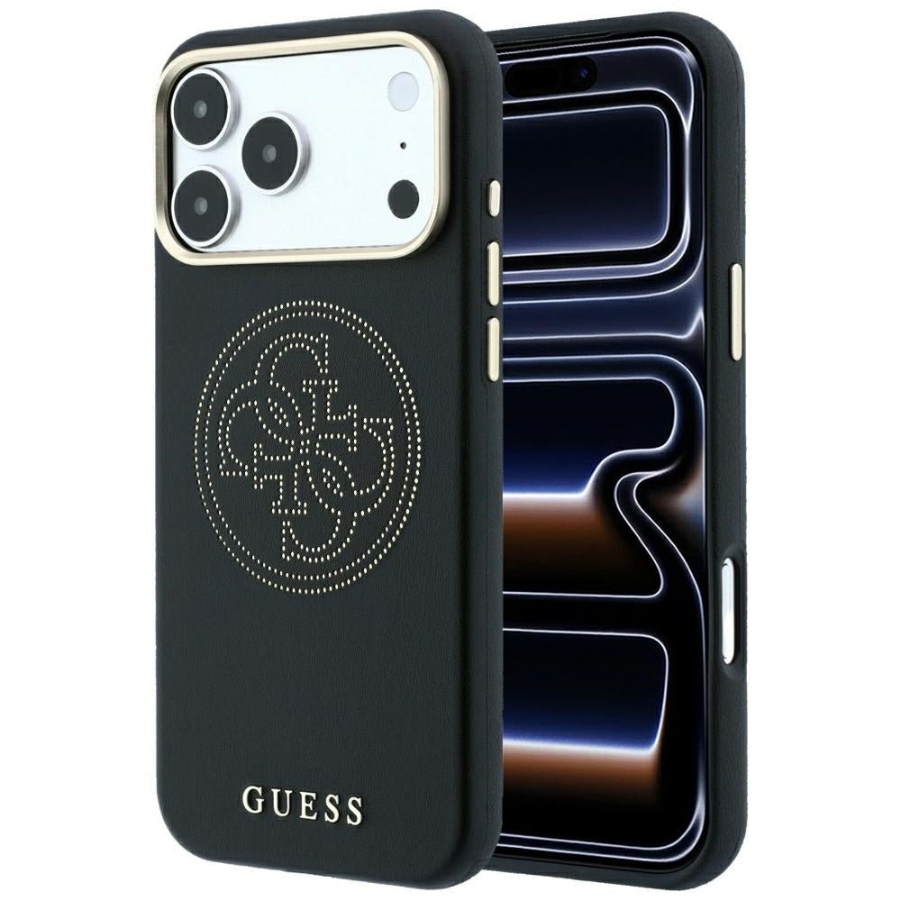 Guess iPhone 18 Pro / iPhone 17 Pro - Θήκη με Επένδυση Συνθετικού Δέρματος MagSafe - Perforated 4G Gold Logo - Black