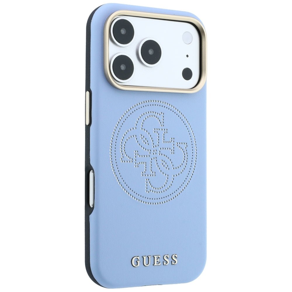 Guess iPhone 18 Pro / iPhone 17 Pro - Θήκη με Επένδυση Συνθετικού Δέρματος MagSafe - Perforated 4G Gold Logo - Light Blue