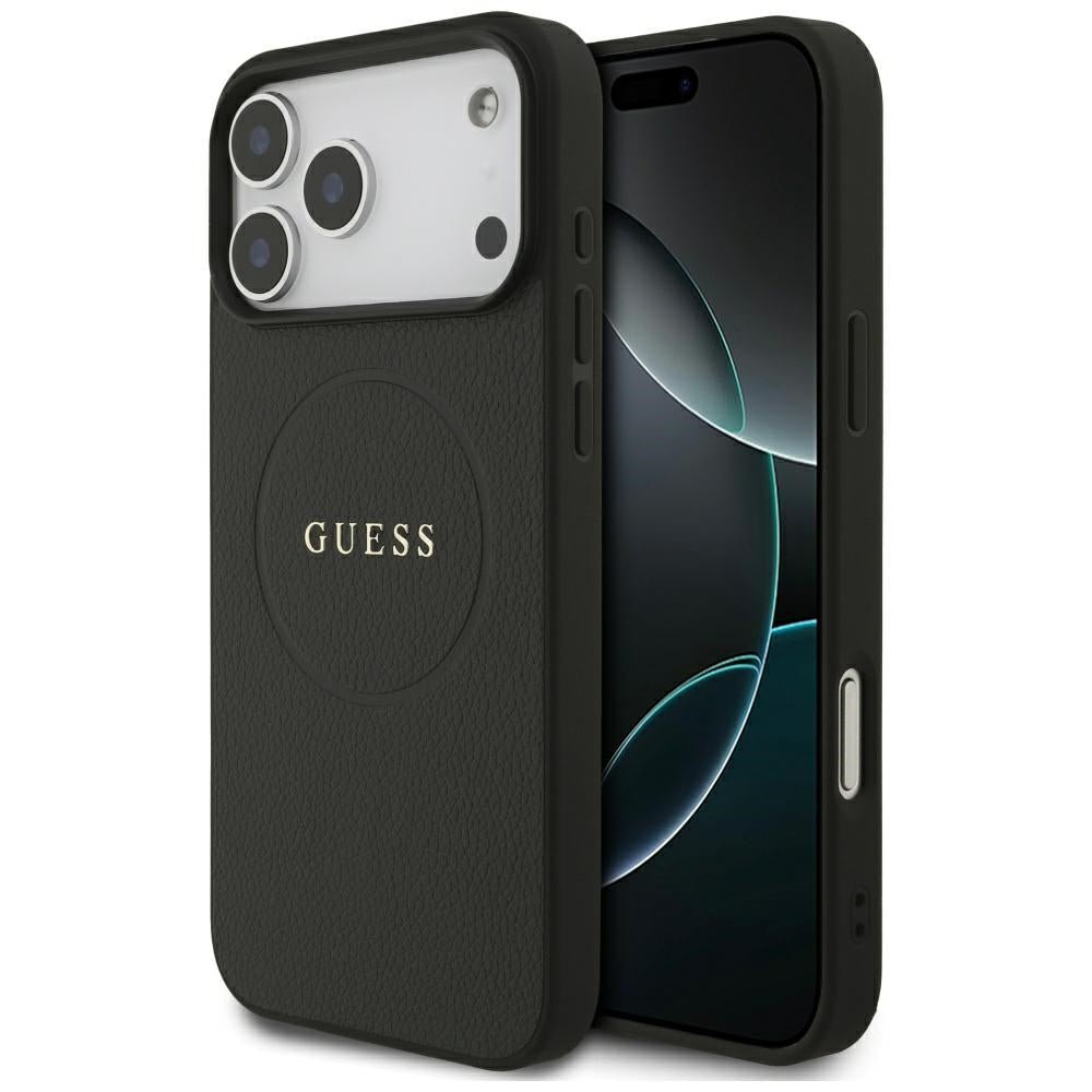 Guess iPhone 18 Pro Max / iPhone 17 Pro Max - Σκληρή Θήκη από Οικολογικό Δέρμα MagSafe - Grained Gold Ring - Black