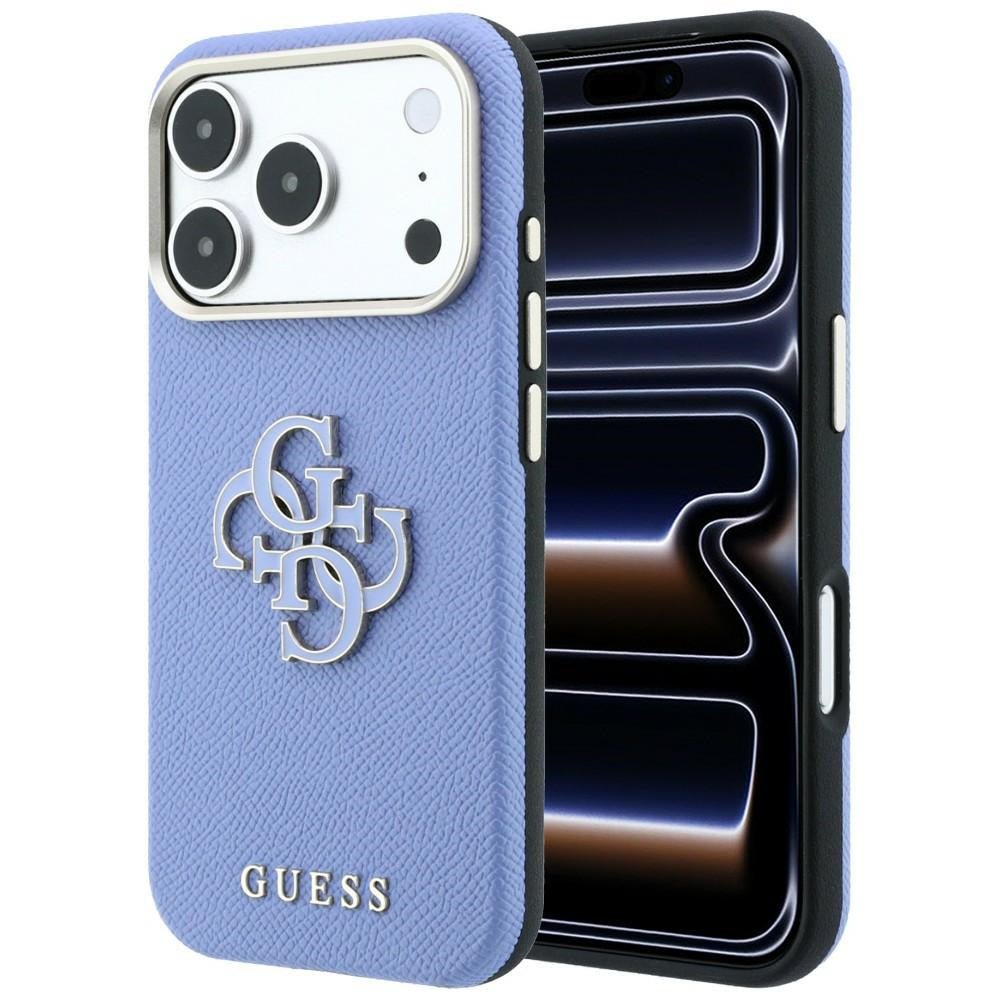 Guess iPhone 18 Pro Max / iPhone 17 Pro Max - Σκληρή Θήκη με Επένδυση από Οικολογικό Δέρμα - Grained and Big Resin Logo - Blue