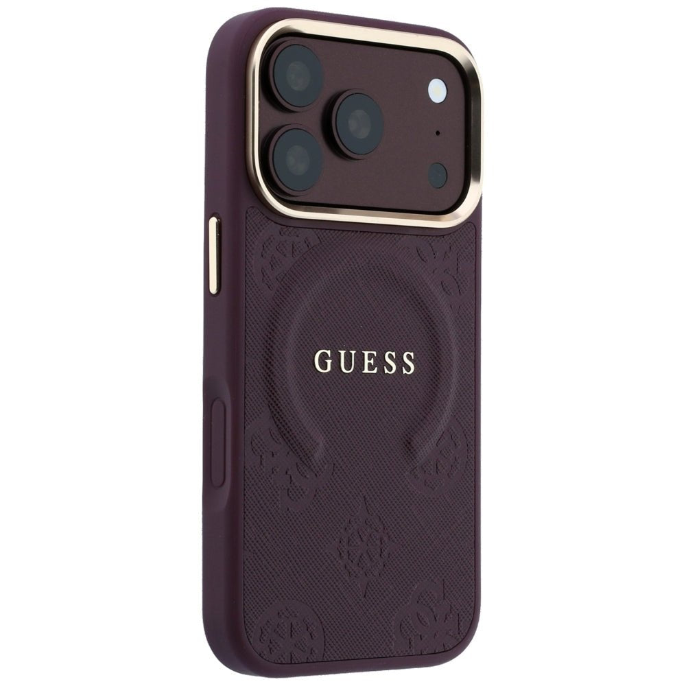 Guess iPhone 18 Pro Max / iPhone 17 Pro Max - Σκληρή Θήκη με Επένδυση Συνθετικού Δέρματος MagSafe - Saffiano Peony and Ring - Burgundy