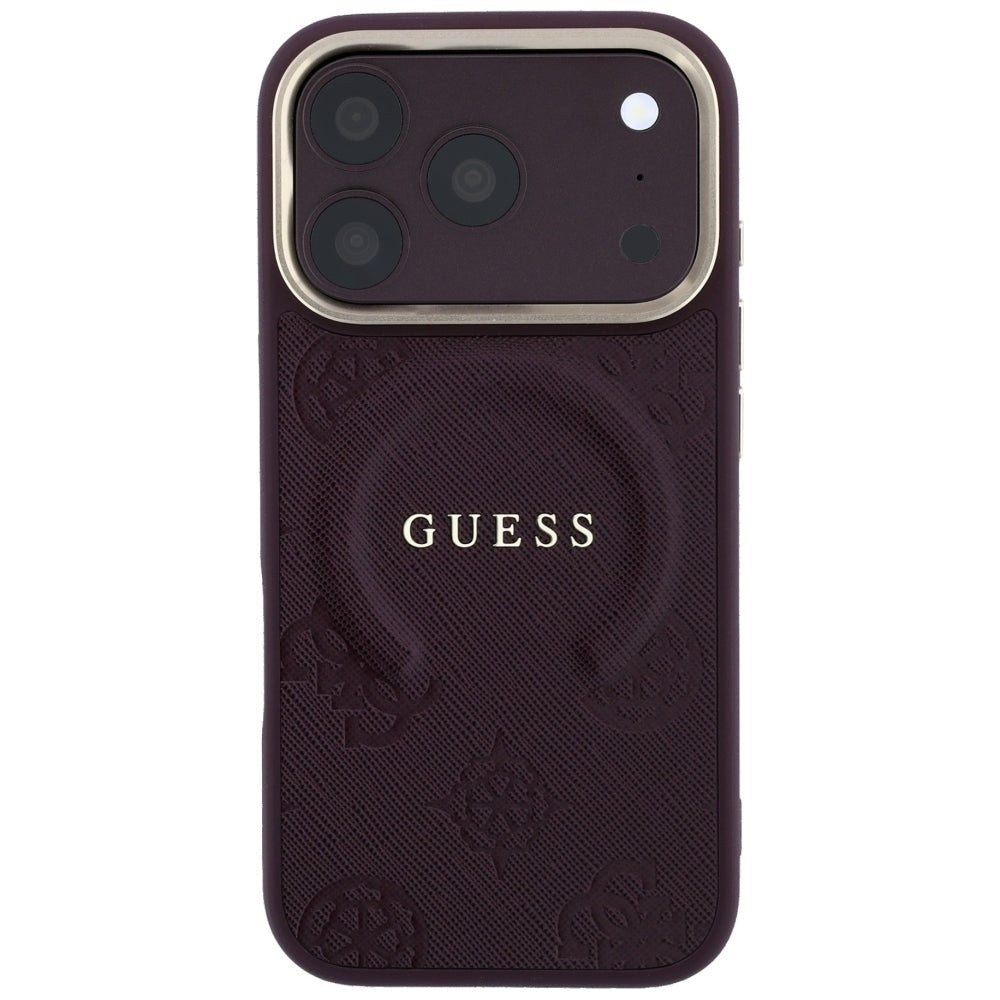 Guess iPhone 18 Pro Max / iPhone 17 Pro Max - Σκληρή Θήκη με Επένδυση Συνθετικού Δέρματος MagSafe - Saffiano Peony and Ring - Burgundy