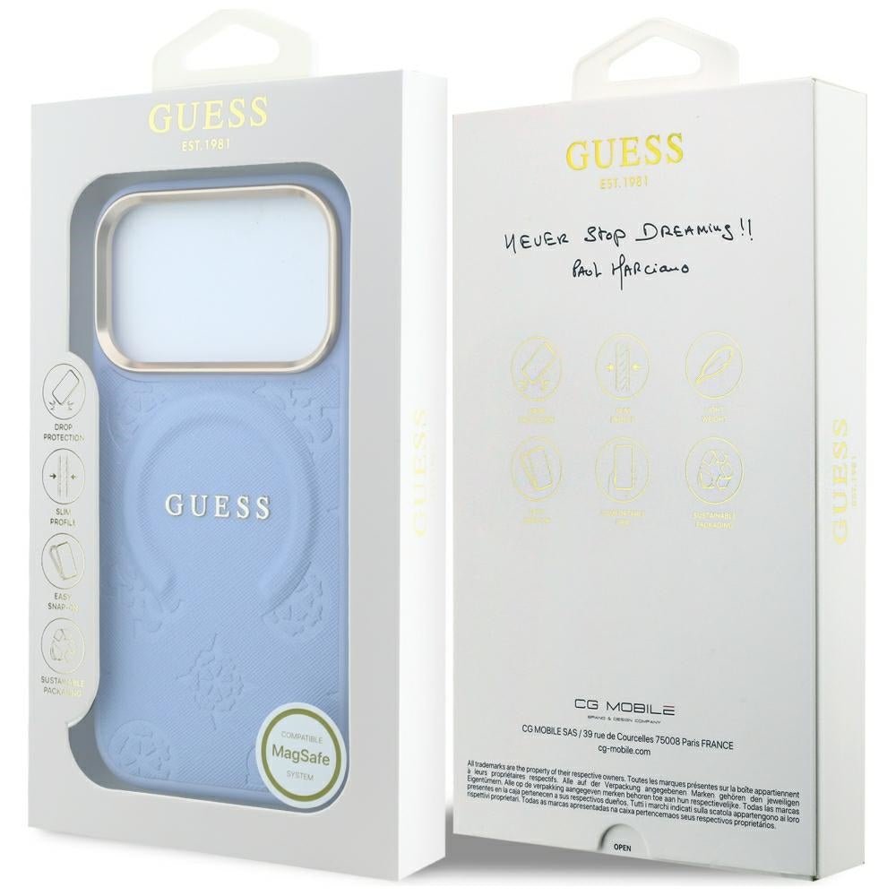 Guess iPhone 18 Pro Max / iPhone 17 Pro Max - Σκληρή Θήκη με Επένδυση Συνθετικού Δέρματος MagSafe - Saffiano Peony and Ring - Light Blue