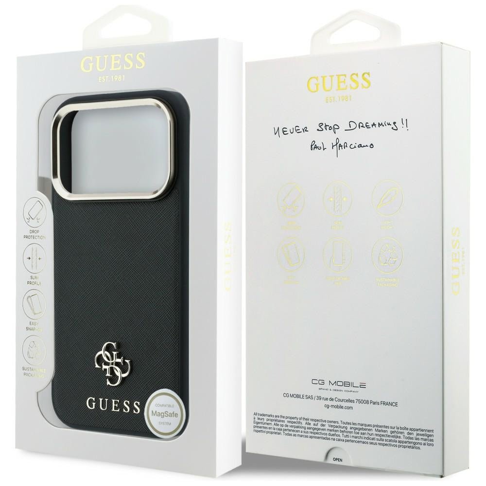 Guess iPhone 18 Pro Max / iPhone 17 Pro Max - Σκληρή Θήκη με Επένδυση Συνθετικού Δέρματος MagSafe - Saffiano Small 4G and Classic Logo - Black