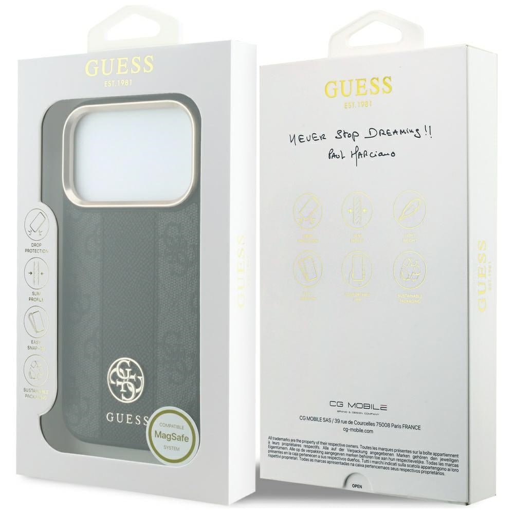 Guess iPhone 18 Pro Max / iPhone 17 Pro Max - Σκληρή Θήκη με Πλαίσιο Σιλικόνης και Επένδυση Συνθετικού Δέρματος MagSafe - 4G with Stripe Round and Classic Logos - Black
