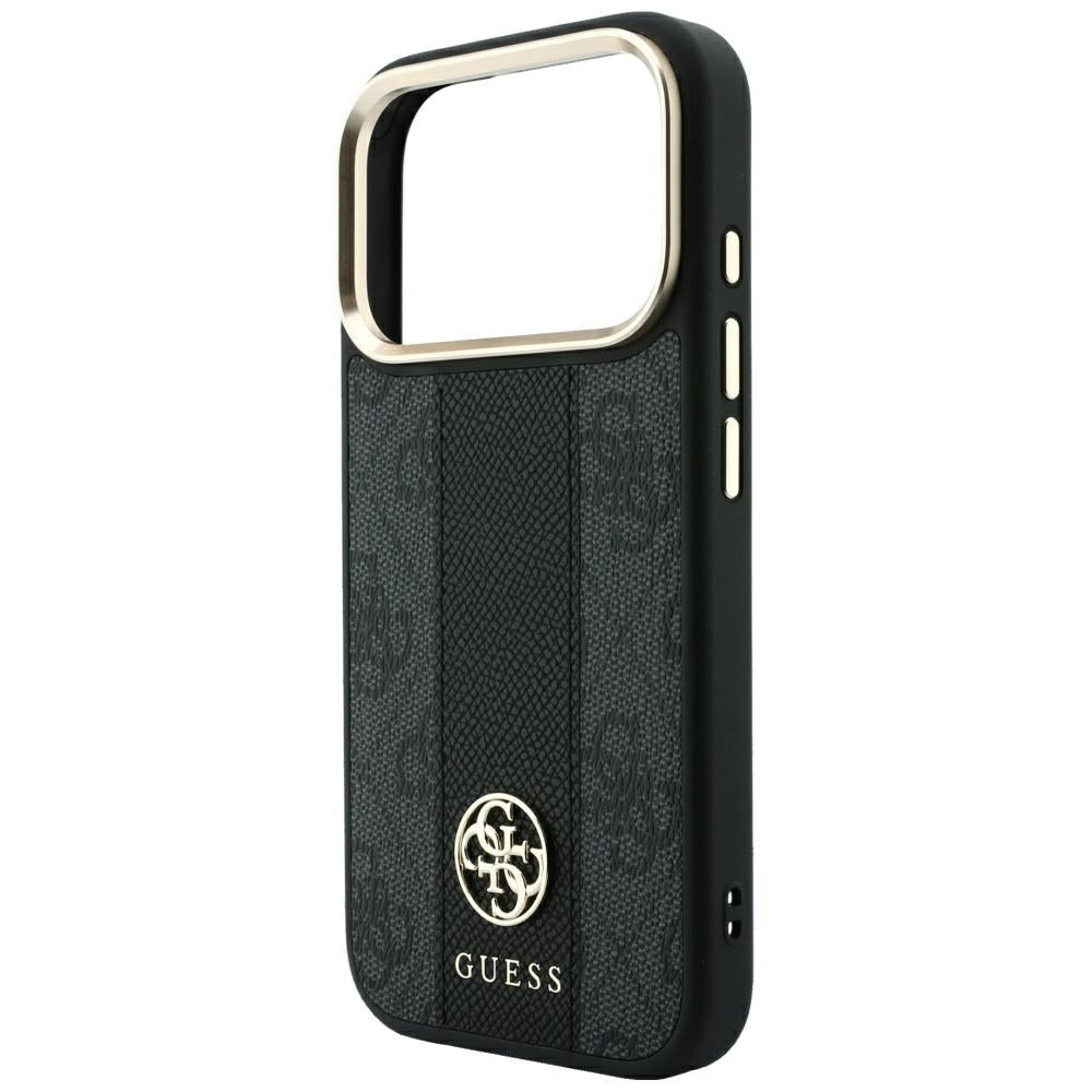 Guess iPhone 18 Pro Max / iPhone 17 Pro Max - Σκληρή Θήκη με Πλαίσιο Σιλικόνης και Επένδυση Συνθετικού Δέρματος MagSafe - 4G with Stripe Round and Classic Logos - Black