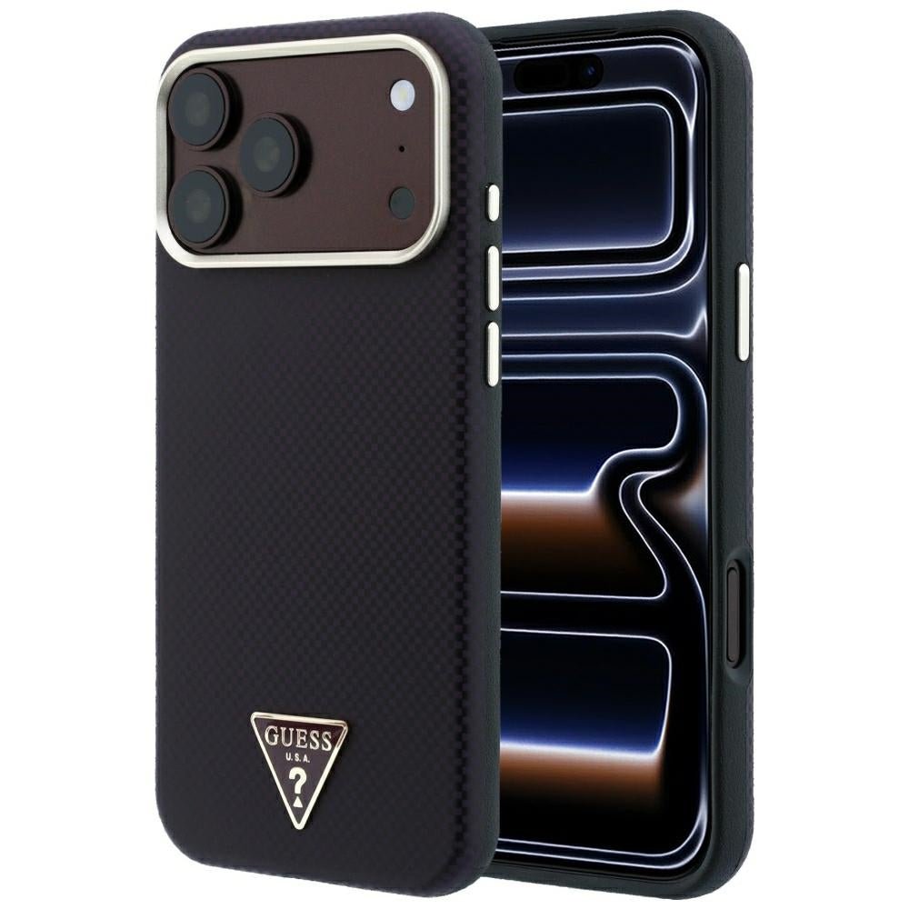 Guess iPhone 18 Pro Max / iPhone 17 Pro Max - Σκληρή Θήκη με Πλαίσιο Σιλικόνης και Επένδυση Συνθετικού Δέρματος MagSafe - Kevlar Triangle Logo - Burgundy