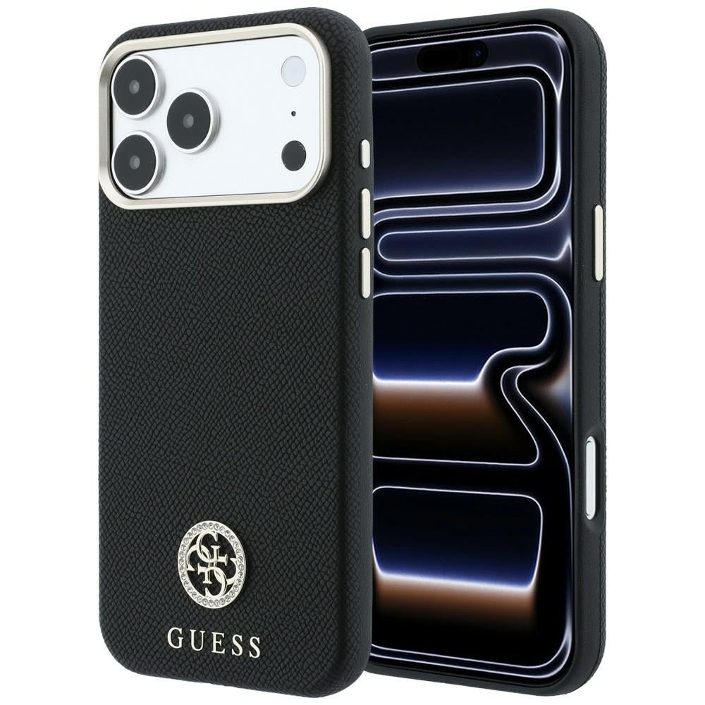 Guess iPhone 18 Pro Max / iPhone 17 Pro Max- Σκληρή Θήκη με Πλαίσιο Σιλικόνης και Συνθετικό Δέρμα MagSafe - Grained Round Strass Logo - Black