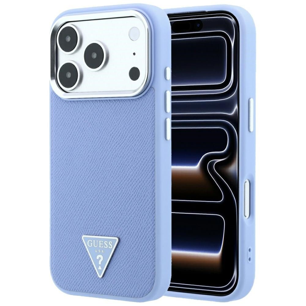 Guess iPhone 18 Pro Max / iPhone 17 Pro Max - Σκληρή Θήκη με Πλαίσιο Σιλικόνης και Συνθετικό Δέρμα MagSafe - Grained Triangle Logo - Blue