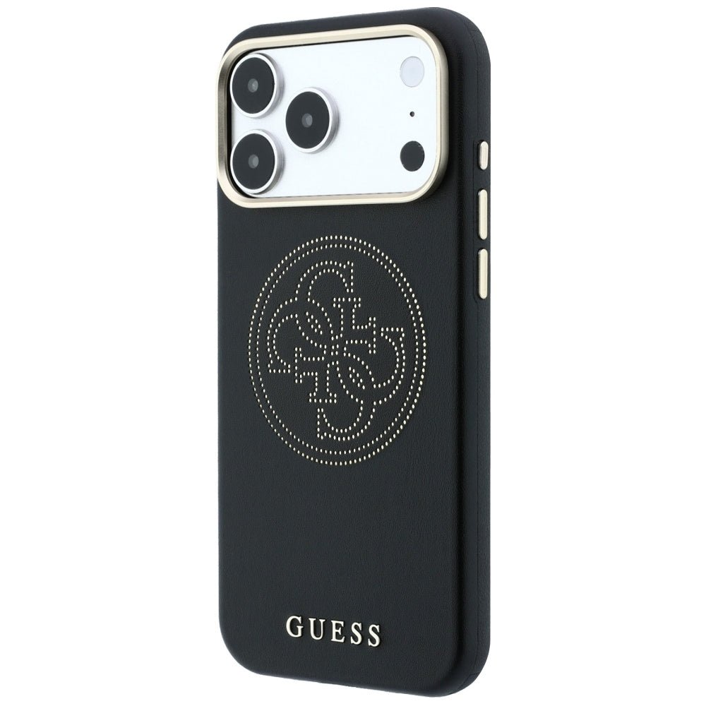 Guess iPhone 18 Pro Max / iPhone 17 Pro Max - Θήκη με Επένδυση Συνθετικού Δέρματος MagSafe - Perforated 4G Gold Logo - Black