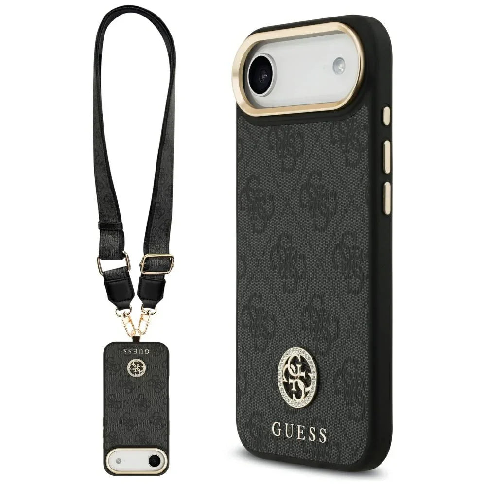 Guess iPhone Air - 4G Strass Logo and Big Strap Metal Buttons MagSafe - Θήκη με Επένδυση Συνθετικού Δέρματος και Λουράκι - Black