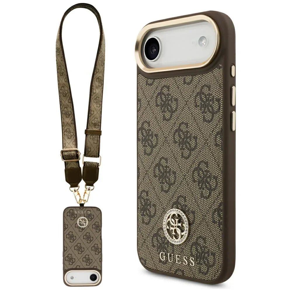 Guess iPhone Air - 4G Strass Logo and Big Strap Metal Buttons MagSafe - Θήκη με Επένδυση Συνθετικού Δέρματος και Λουράκι - Brown