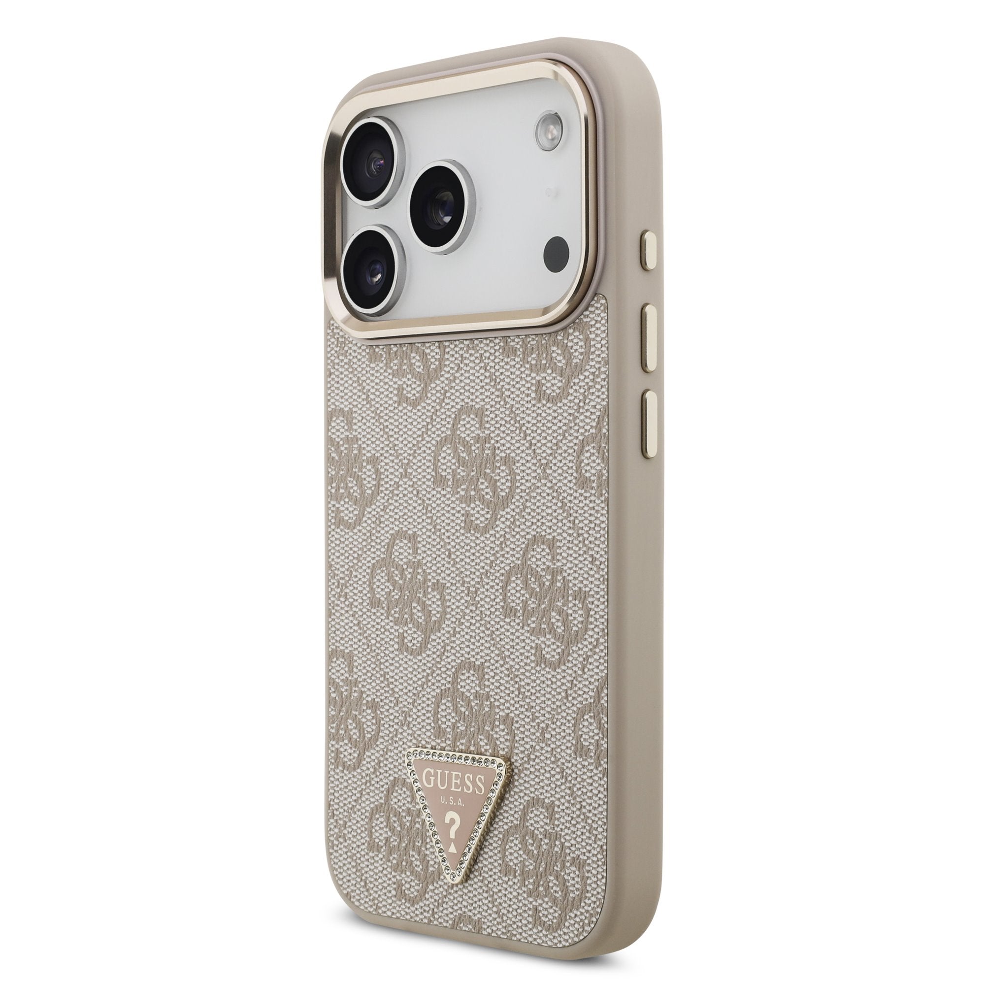 Guess iPhone 17 Pro / iPhone 18 Pro - Σκληρή Θήκη με Πλαίσιο Σιλικόνης και Επένδυση Συνθετικού Δέρματος - PU Leather 4G Strass Triangle Logo Gold Frame MagSafe - Pink