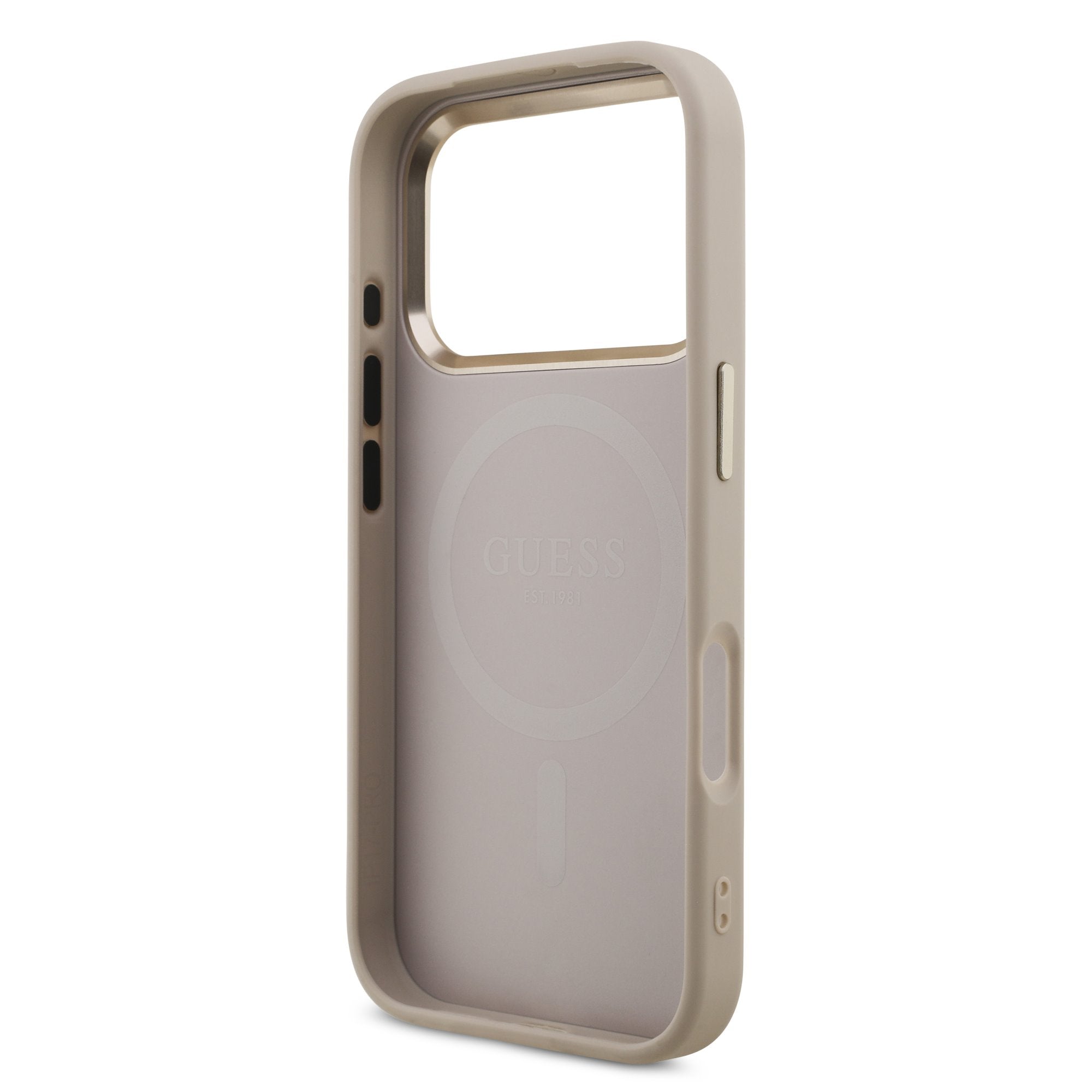 Guess iPhone 17 Pro / iPhone 18 Pro - Σκληρή Θήκη με Πλαίσιο Σιλικόνης και Επένδυση Συνθετικού Δέρματος - PU Leather 4G Strass Triangle Logo Gold Frame MagSafe - Pink