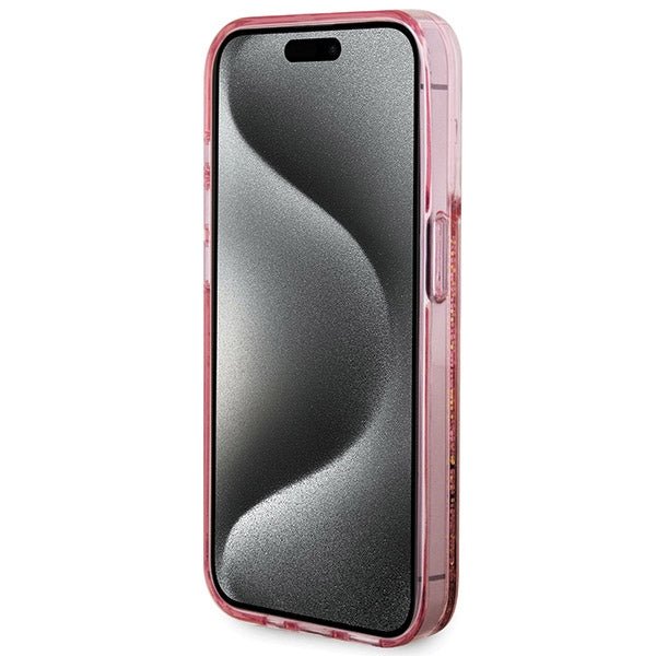 Guess iPhone 15 Pro Max Liquid Glitter Gold Stripes Σκληρή Θήκη με Πλαίσιο Σιλικόνης - Pink - GUHCP15XLFCSEGP