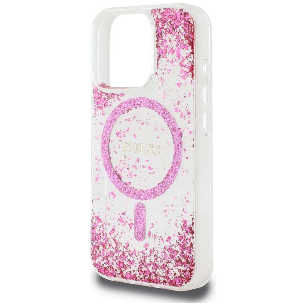 Guess iPhone 16 Pro - HC Resin Bottom Glitter - MagSafe Σκληρή Θήκη με Πλαίσιο Σιλικόνης - Pink - GUHMP16LRGRGEP