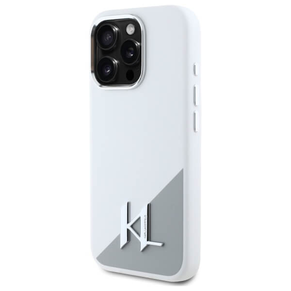 Karl Lagerfeld iPhone 16 Pro - Silicone Initial Metal Logo - MagSafe Σκληρή Θήκη με Πλαίσιο Σιλικόνης - White - KLHMP16LSCMKMPCH