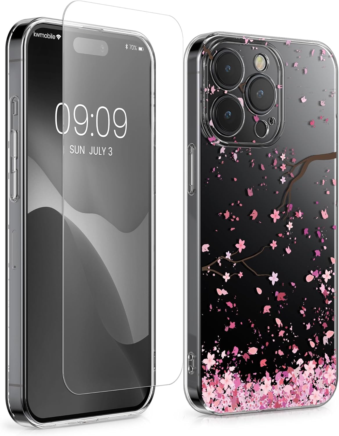 KW iPhone 15 Pro Max Θήκη Σιλικόνης TPU με Αντιχαρακτικό Γυαλί - Design Cherry Blossom Petals - Pink Dark / Brown / Διάφανη
