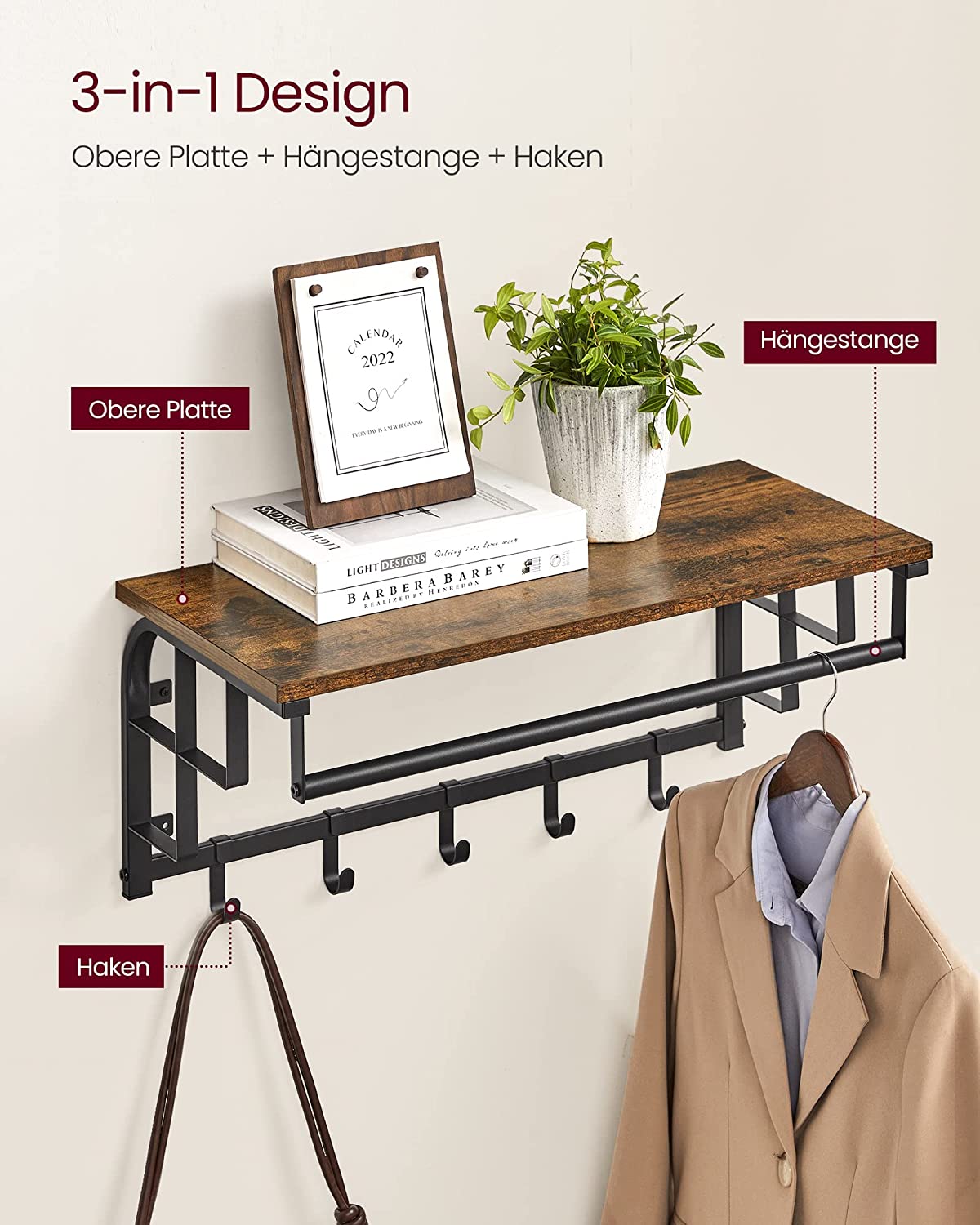 Vasagle Επιτοίχια Κρεμάστρα με Ράβδο και με 5 Αφαιρούμενους Γάντζους - 66 x 30 x 27 cm - Vintage Brown / Black - LCR12BX
