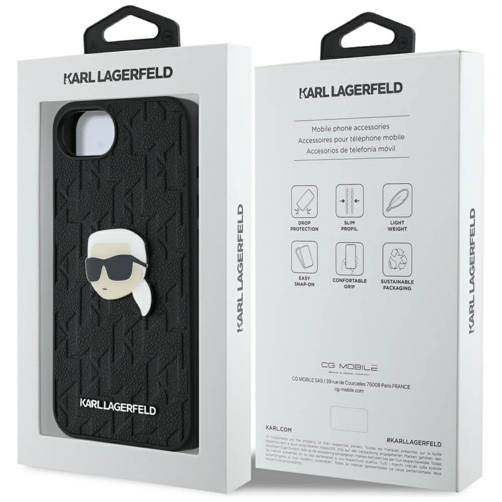 Karl Lagerfeld iPhone 16e - Monogram Karl Head Pin Σκληρή Θήκη με Επένδυση Συνθετικού Δέρματος - Black - KLHCPSE4PGKLKIPK