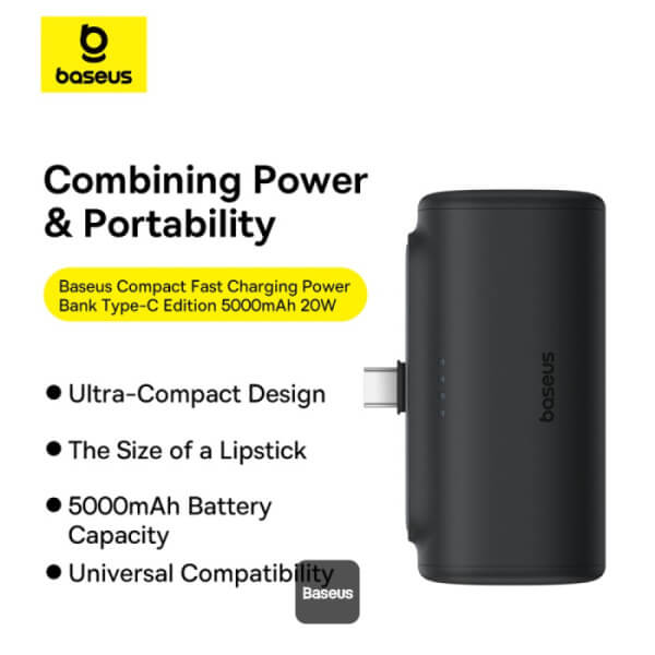 Baseus Compact Series Type - C - PowerBank 5000mAh 20W με Καλώδιο Type - C to Type - C - Black - P10068306113 - 00