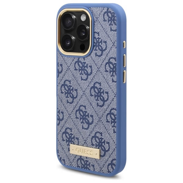 Guess iPhone 16 Pro 4G Logo Plate MagSafe Θήκη με Επένδυση Συνθετικού Δέρματος και MagSafe - Blue - GUHMP16LU4GPRB