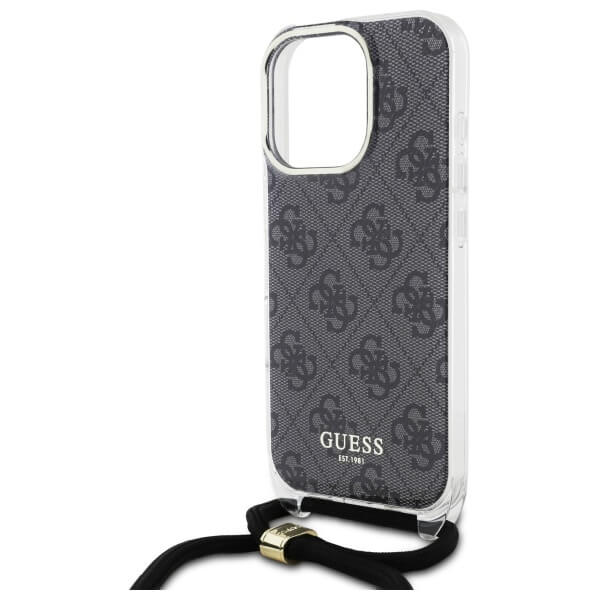 Guess iPhone 16 Pro - Crossbody Cord 4G Print - Σκληρή Θήκη με Πλαίσιο Σιλικόνης και Λουράκι - Black - GUHCP16LHC4SEK