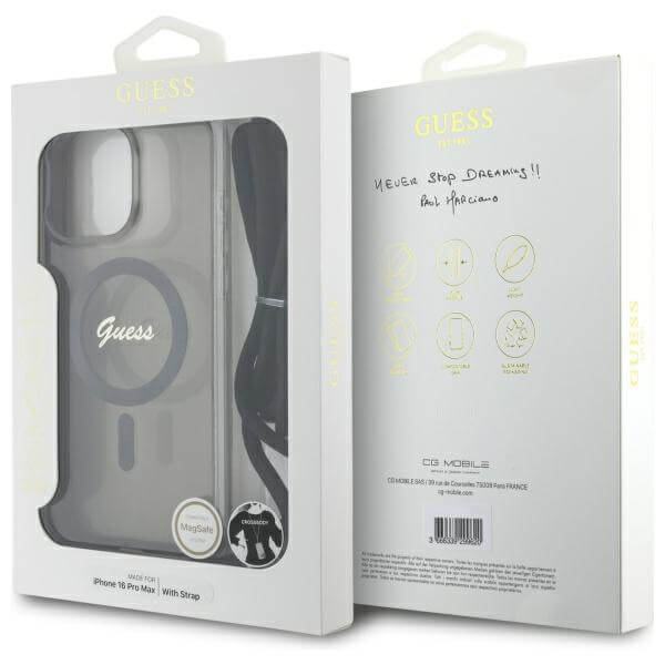Guess iPhone 16 Pro - Crossbody Cord Script MagSafe - Σκληρή Θήκη με Πλαίσιο Σιλικόνης και Λουράκι - Black - GUHMP16LHCTSGNSK