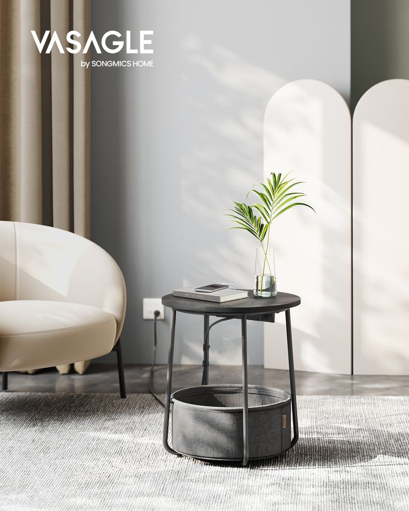 Vasagle Στρόγγυλο Βοηθητικό Τραπέζι με Υφασμάτινο Καλάθι Αποθήκευσης και Ενσωματωμένο Πολύπριζο - Ebony Black / Slate Gray - LET228B02